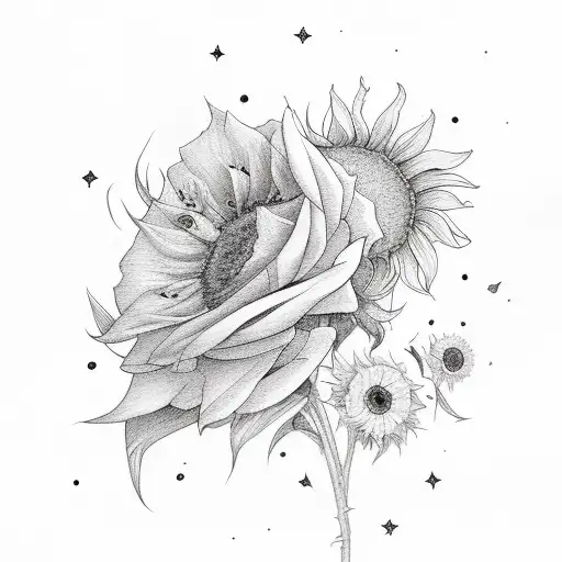 A moon and stars surrounded by delicate sunflowers and roses tattoo design idea