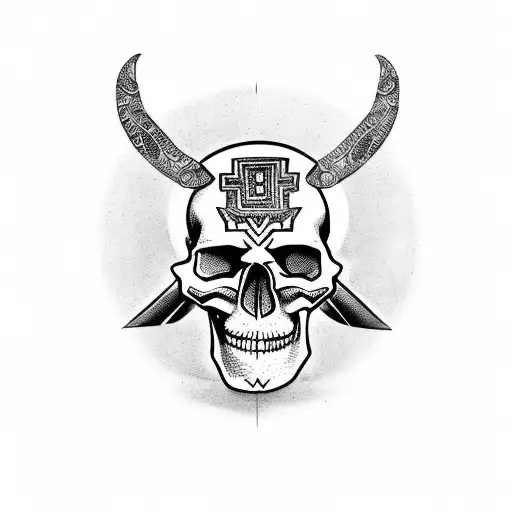 A black and grey Aztec skull surrounded by symbolic Aztec elements tattoo design idea