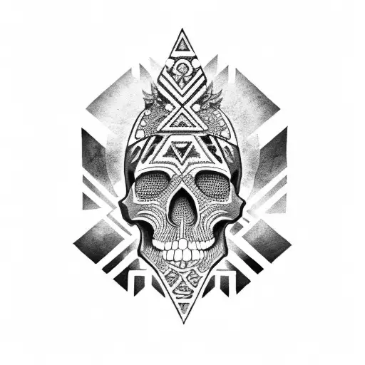 A black and grey Aztec skull surrounded by symbolic Aztec elements tattoo design idea
