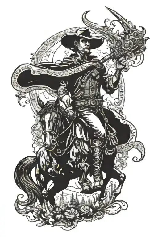 cowboy in 1800s german fairytale style tattoo design idea
