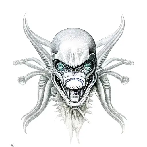 xenomorph Alien from Alien movie as a vitruvian man, show the full body of the alien including his arms legs and tail  tattoo design idea