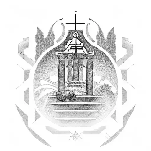 A Greek temple with sports science symbols incorporated tattoo design idea