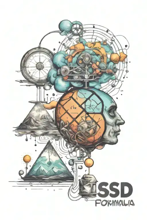  chemical formula of LSD, reference to the journey through life (the figure of the wanderer far in the background) refer tattoo design idea