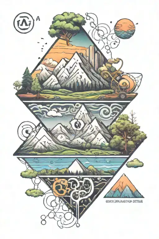 chemical formula of LSD, the figure of a wanderer far in the background, a reference to nature, mountains and forest tattoo design idea