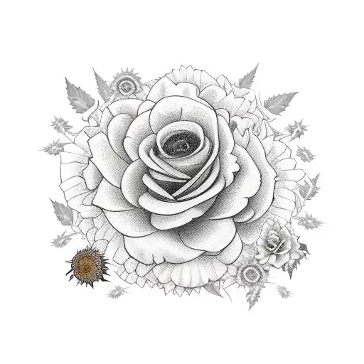 flower garden with roses sunflower and marijuana and mushrooms  tattoo design idea