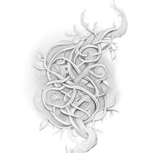 A quality symbol intertwined with intricate vines and leaves tattoo design idea
