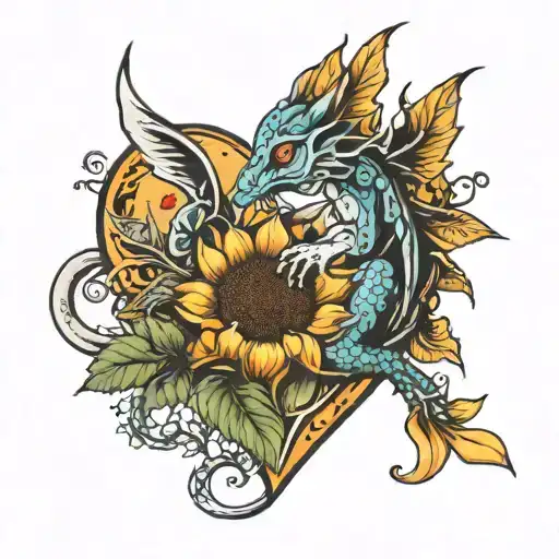 HEART HAND WITH SUNFLOWER AND BABY DRAGON tattoo design idea