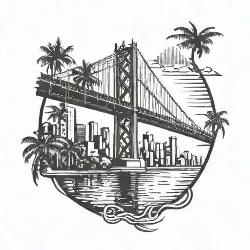 bay bridge with palm trees, water, and skyline buildings with sunrays on top tattoo design idea