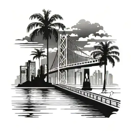bay bridge with palm trees water and skyline buildings tattoo design idea
