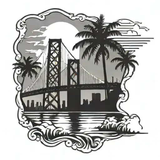 bay bridge with palm trees water and sunset skyline buildings tattoo design idea