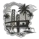 bay bridge with palm trees water and sunset skyline buildings tattoo design idea