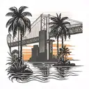 bay bridge with palm trees water and sunset skyline buildings tattoo design idea