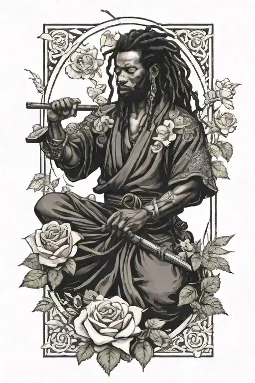 Black samurai with dreadlocks meditating in rose garden  tattoo design idea