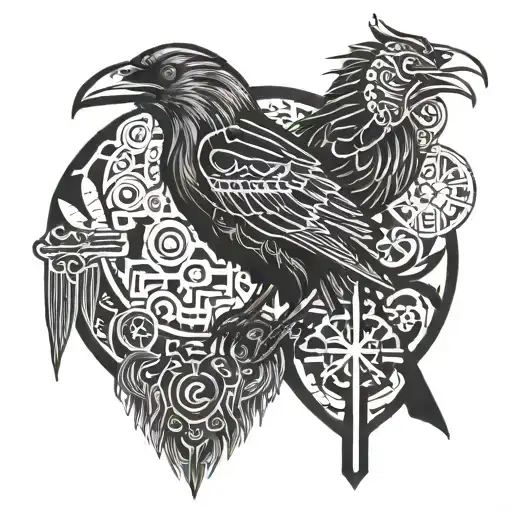 Nordic, Egyptian and Japanese symbols raven tattoo design idea