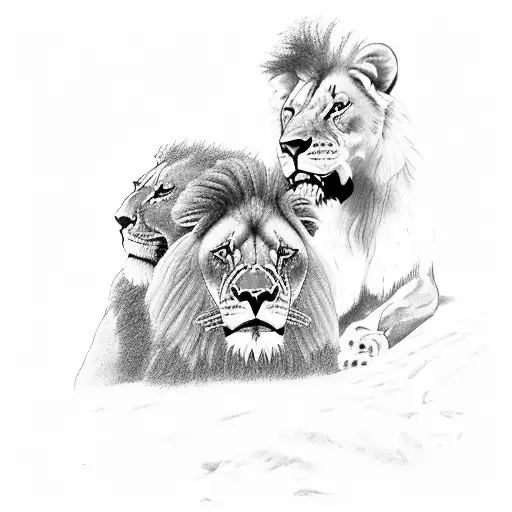 a lioness show her affection to her lion as they protect their four cubs near an old tree that looks dead but is coming  tattoo design idea