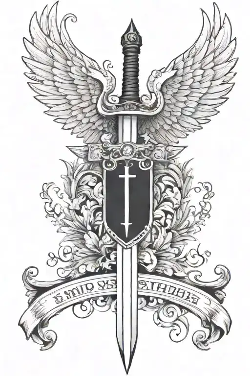 long sword with swiss coat of arms and wings in black and white tattoo design idea