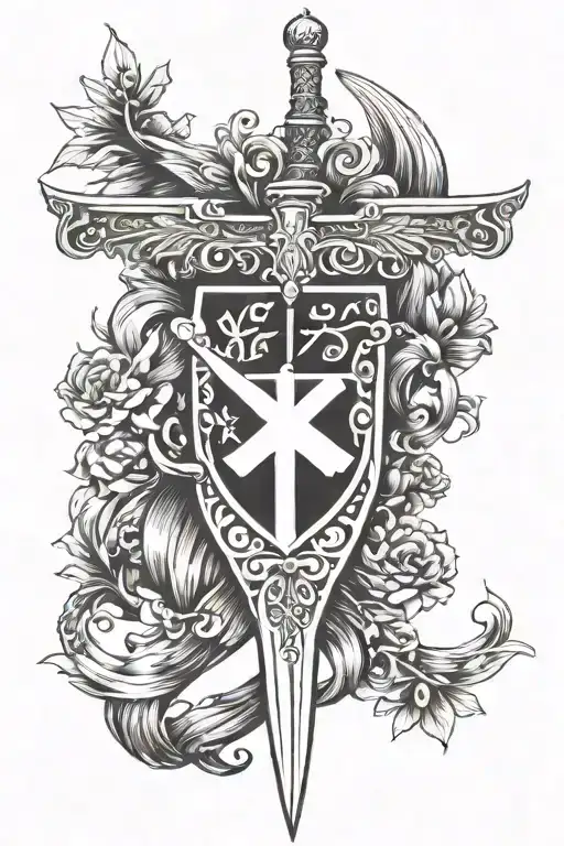 "long sword with swiss coat of arms" and wings in black and white tattoo design idea