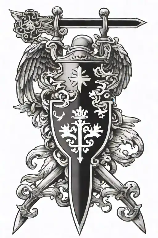 long sword with "swiss coat of arms" and wings in black and white tattoo design idea