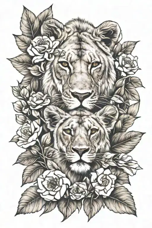lioness and cub with leaves and flowers tattoo design idea