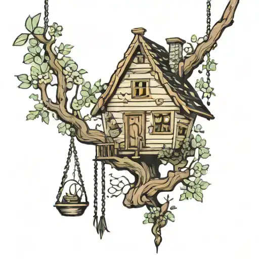 house and swing hanging tattoo design idea