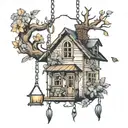 house and swing hanging tattoo design idea