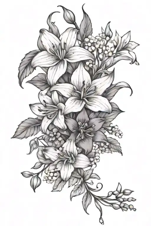 daintyBouquet of flowers in twin, violet, aster, narcissus, holly, rose, lilly of the valley, gladiolus. 1 stem per flow tattoo design idea