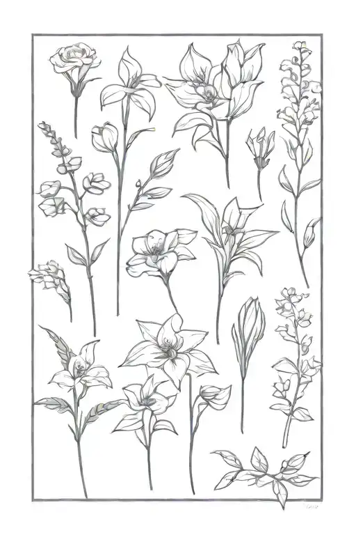 dainty  flowers in twine, violet, aster, narcissus, holly, rose, lilly of the valley, gladiolus. 1 stem per flow tattoo design idea