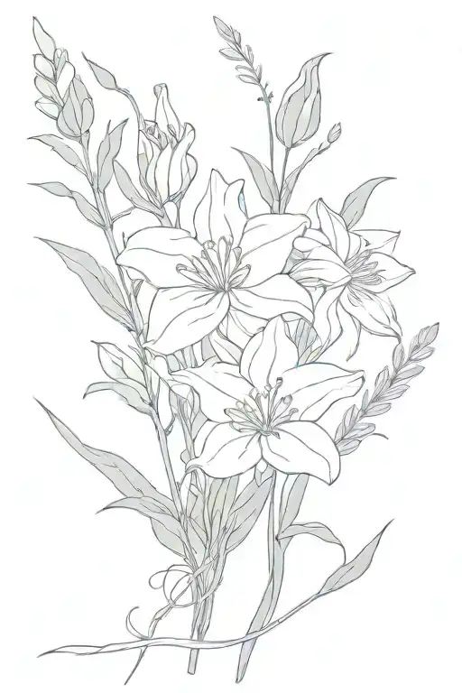 Bouquet of flowers tied in yarn, violet, aster, narcissus, holly, rose, lilly of the valley, gladiolus. 1 stem per flow tattoo design idea