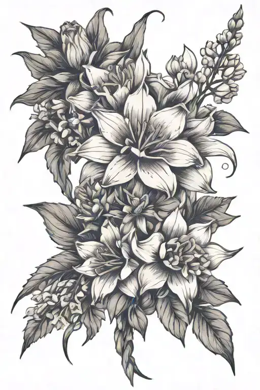 Bouquet of flowers tied together, violet, aster, narcissus, holly, rose, lilly of the valley, gladiolus. 1 stem per flow tattoo design idea