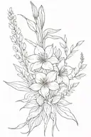 Bouquet of flowers tied in yarn, violet, aster, narcissus, holly, rose, lilly of the valley, gladiolus. 1 stem per flow tattoo design idea