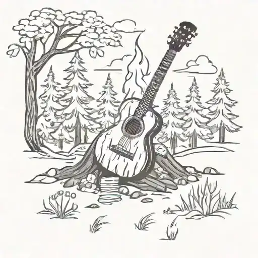 bonfire guitar forest scene with a hidden tattoo design idea