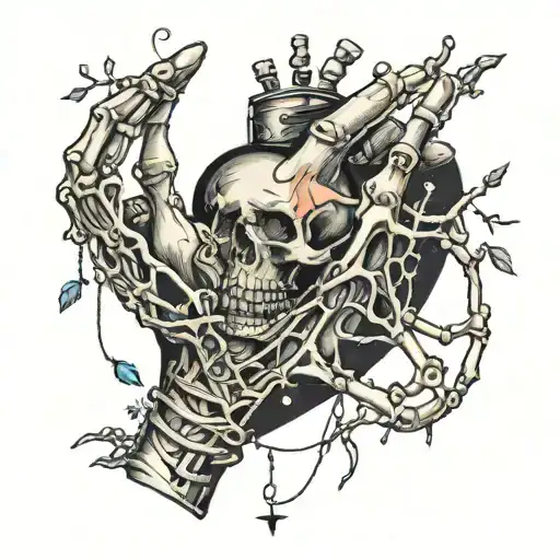 heart with stitches hanging from a hand with string and a skeleton hand reaching for it  tattoo design idea