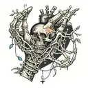 heart with stitches hanging from a hand with string and a skeleton hand reaching for it  tattoo design idea