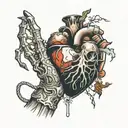 heart with stitches hanging from a hand with string and a skeleton hand reaching for it  tattoo design idea