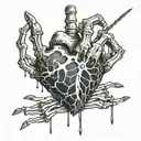 heart with stitches hanging from a hand with string and a skeleton hand reaching for it  tattoo design idea