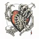heart with stitches hanging from a hand with string and a skeleton hand reaching for it  tattoo design idea
