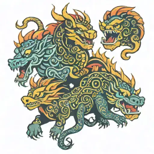 4 members of a family. Mom is a fire dragon, dad is a metal monkey, daughter is wood monkey, son is a golden pig tattoo design idea