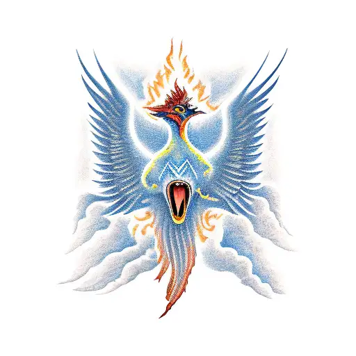 volcano with phoenix coming out of it tattoo design idea