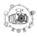 A camera lens transforming into a car engine tattoo design idea