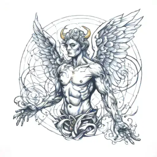 angel half demon with energy field behind it tattoo design idea