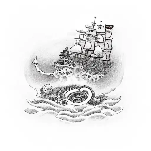 ship inside rum bottle embraced by a kraken tattoo design idea