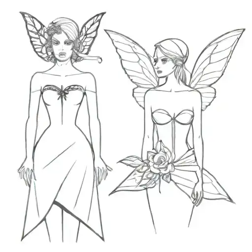 Elf in white wedding dress with a corset with a dark evil fairy in short black dress  tattoo design idea