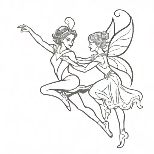 Elf in white dress dancing with a dark fairy  tattoo design idea