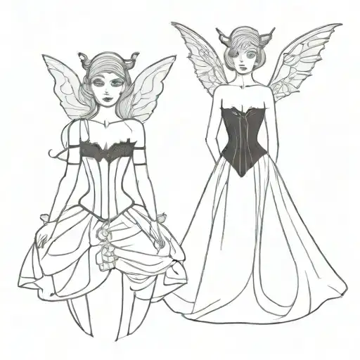 Elf in white wedding dress with a corset with a dark evil fairy in short black dress  tattoo design idea