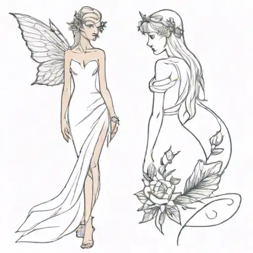 Elf in white dress with a dark fairy  tattoo design idea