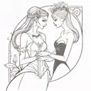 Elf in white wedding dress with a corset and long hair with a dark evil fairy in short black dress and short hair tattoo design idea