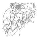 Elf in white wedding dress with a corset and long hair with a dark evil fairy in short black dress and short hair tattoo design idea