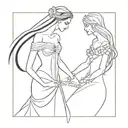 Elf in white wedding dress with a corset and long hair with a dark evil fairy in short black dress and short hair tattoo design idea