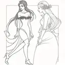 Elf in white wedding dress with a corset and long hair with a dark evil fairy in short black dress and short hair tattoo design idea