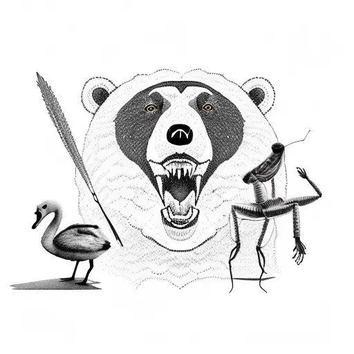 a bear, a swan, and a grasshopper against a backdrop of nature tattoo design idea